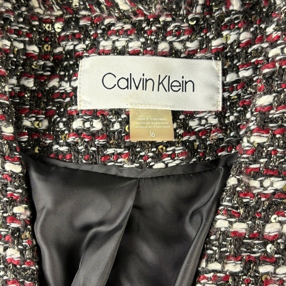 Calvin Klein Tweed Open Front Jacket Size 16 Red White Black Metallic Sequins - Picture 10 of 14